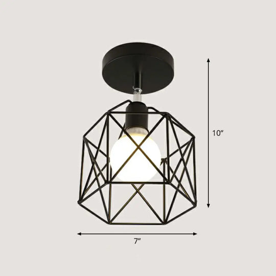 Retro Geometric Semi Flush Mount Lighting - Iron Fixture For Entryway Black / Hexagon