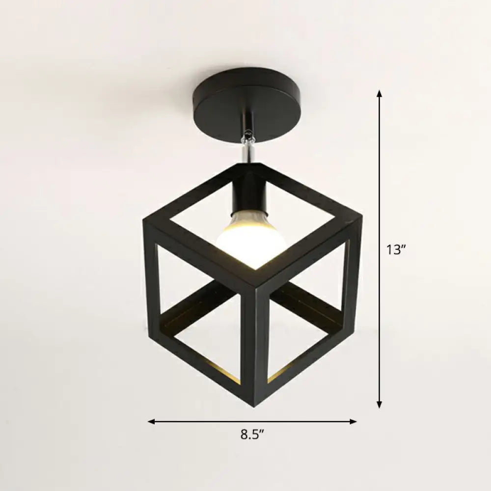 Retro Geometric Semi Flush Mount Lighting - Iron Fixture For Entryway Black / Square