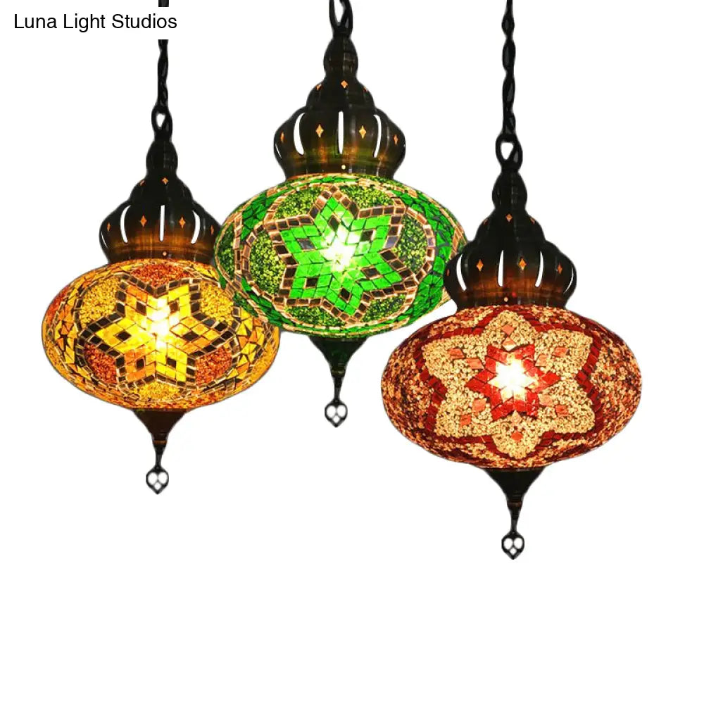 Retro Glass Lantern Suspension Light For Restaurant - Red/Green/Gold 1/3 Heads Ceiling Pendant