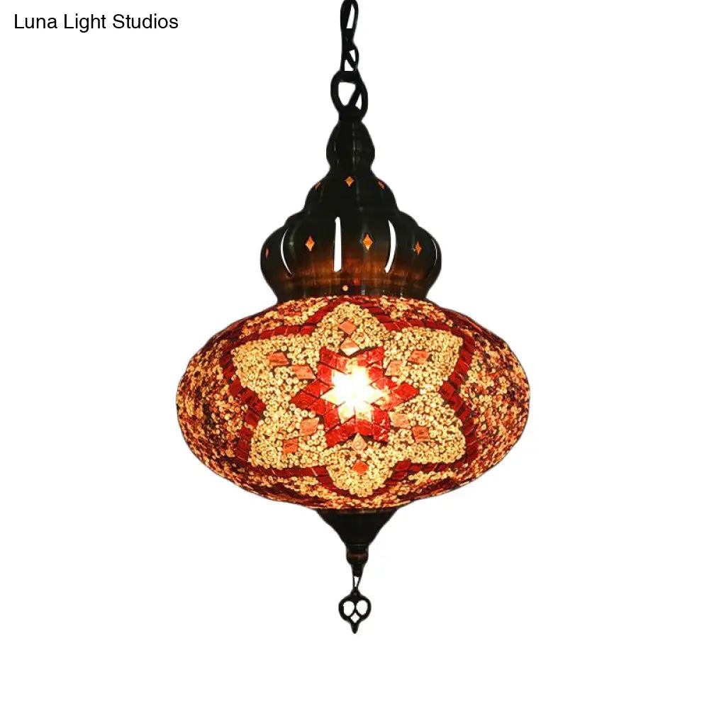 Retro Glass Lantern Suspension Light For Restaurant - Red/Green/Gold 1/3 Heads Ceiling Pendant