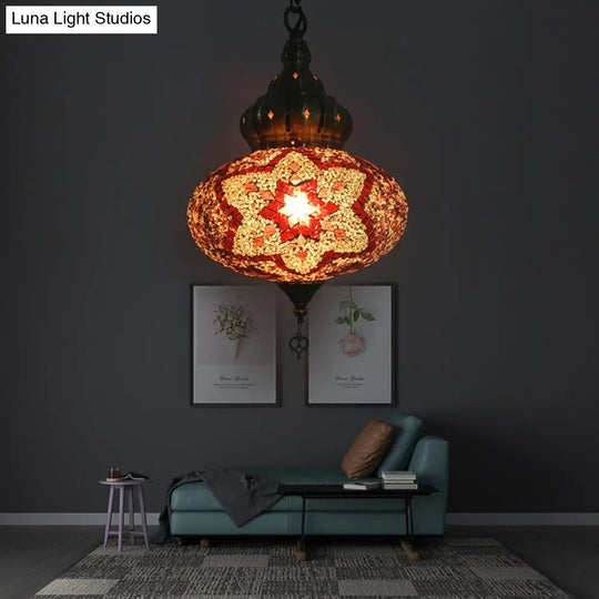 Retro Glass Lantern Suspension Light For Restaurant - Red/Green/Gold 1/3 Heads Ceiling Pendant