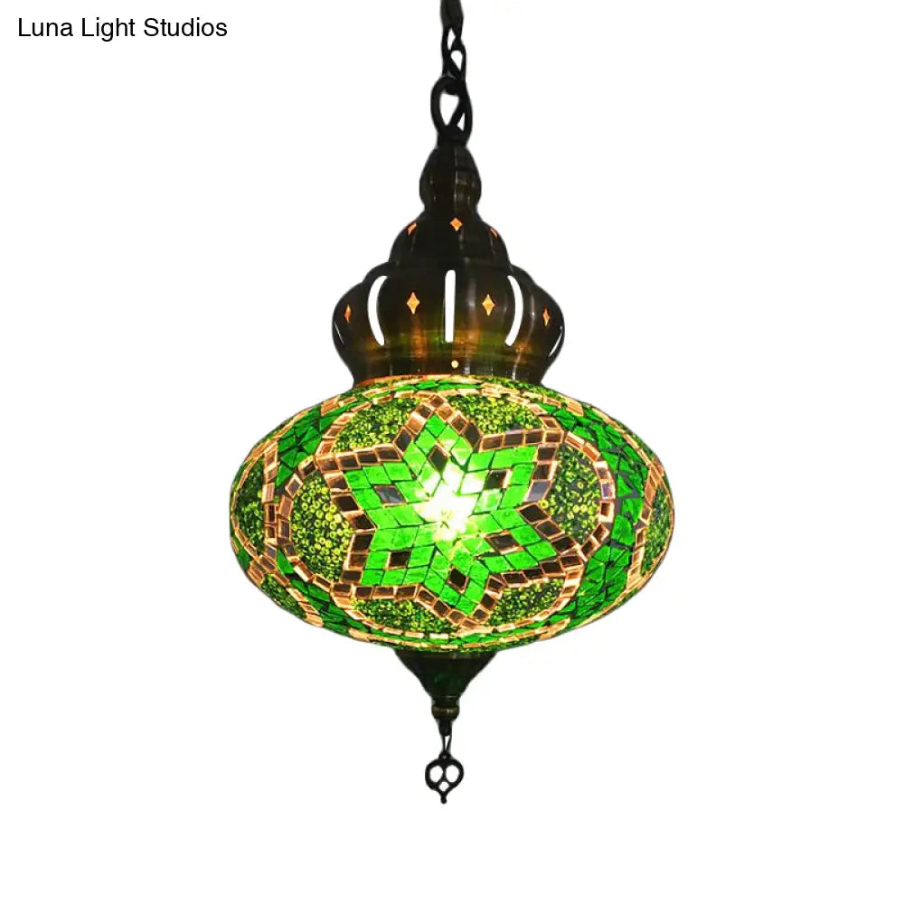 Retro Glass Lantern Suspension Light For Restaurant - Red/Green/Gold 1/3 Heads Ceiling Pendant