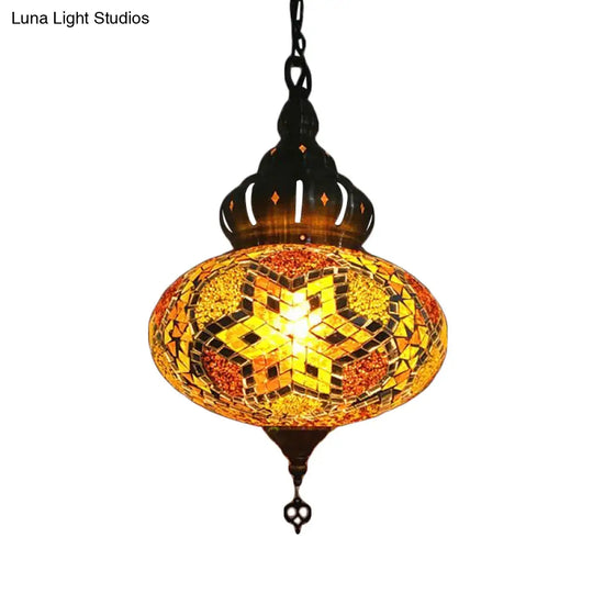 Retro Glass Lantern Suspension Light For Restaurant - Red/Green/Gold 1/3 Heads Ceiling Pendant