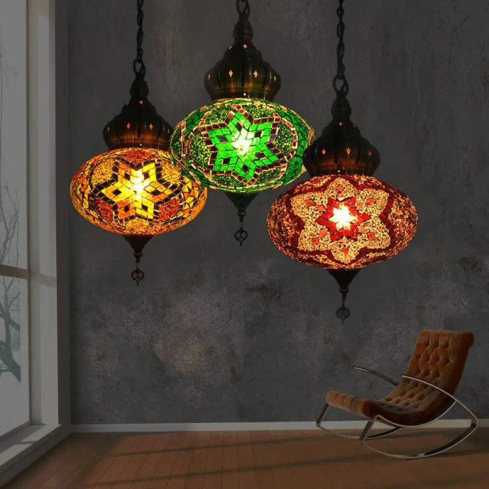 Retro Glass Lantern Suspension Light For Restaurant - Red/Green/Gold 1/3 Heads Ceiling Pendant