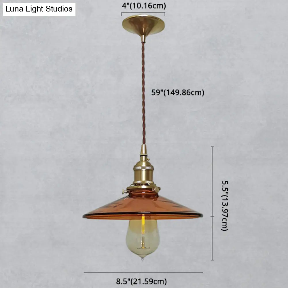 Retro Glass Shade Pendant Light Fixture For Living Room - Brown Pan With 1