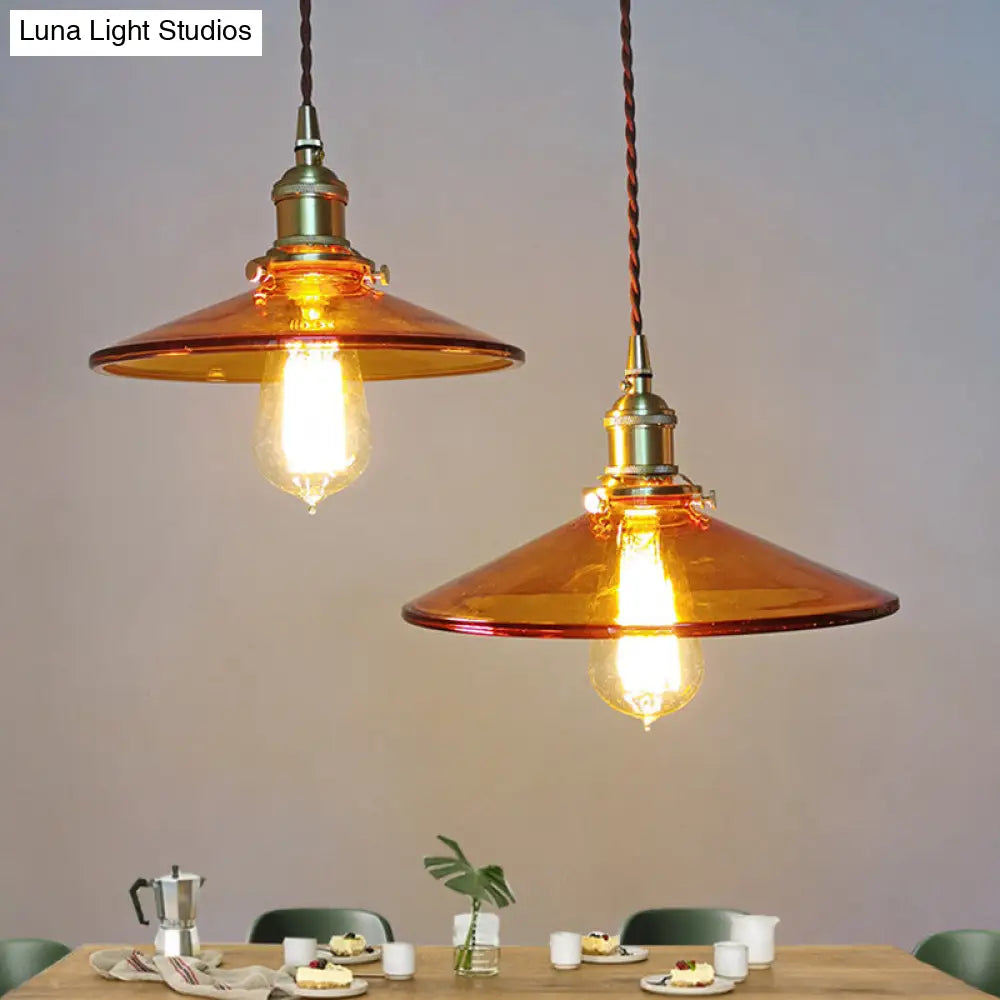 Retro Glass Shade Pendant Light Fixture For Living Room - Brown Pan With 1