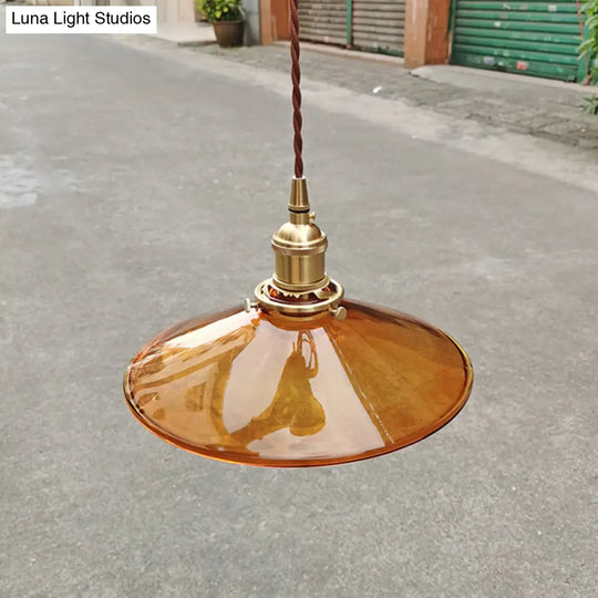 Retro Glass Shade Pendant Light Fixture For Living Room - Brown Pan With 1