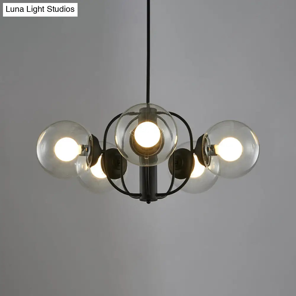 Retro Glass Sphere Chandelier - Clear/Light-Tan 5 Heads Cage Arm Ideal For Living Room Ceiling