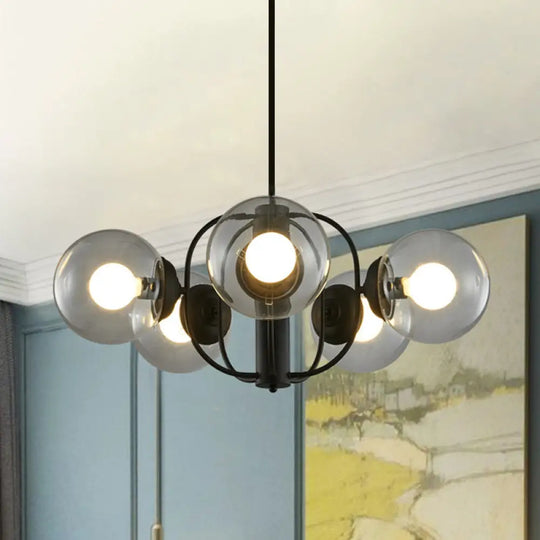 Retro Glass Sphere Chandelier With 5 Light Heads And Cage Arm For Living Room Ceiling -
