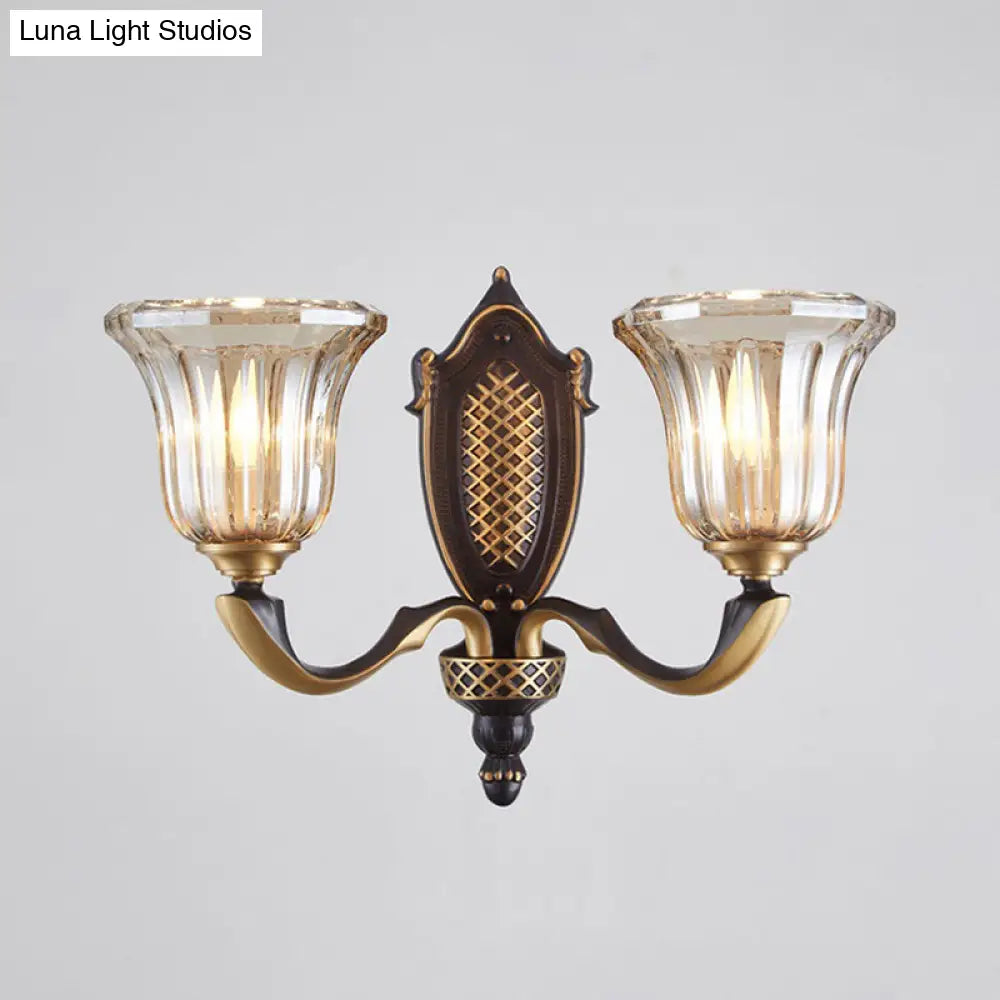 Retro Glass Wall Lamp With Curved Brass Arm - Flared Living Room Sconce Lighting (1/2 Bulbs)