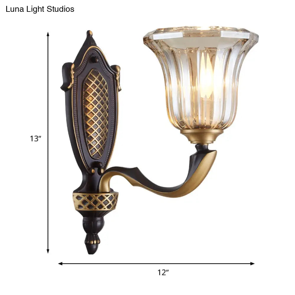 Retro Glass Wall Lamp With Curved Brass Arm - Flared Living Room Sconce Lighting (1/2 Bulbs)