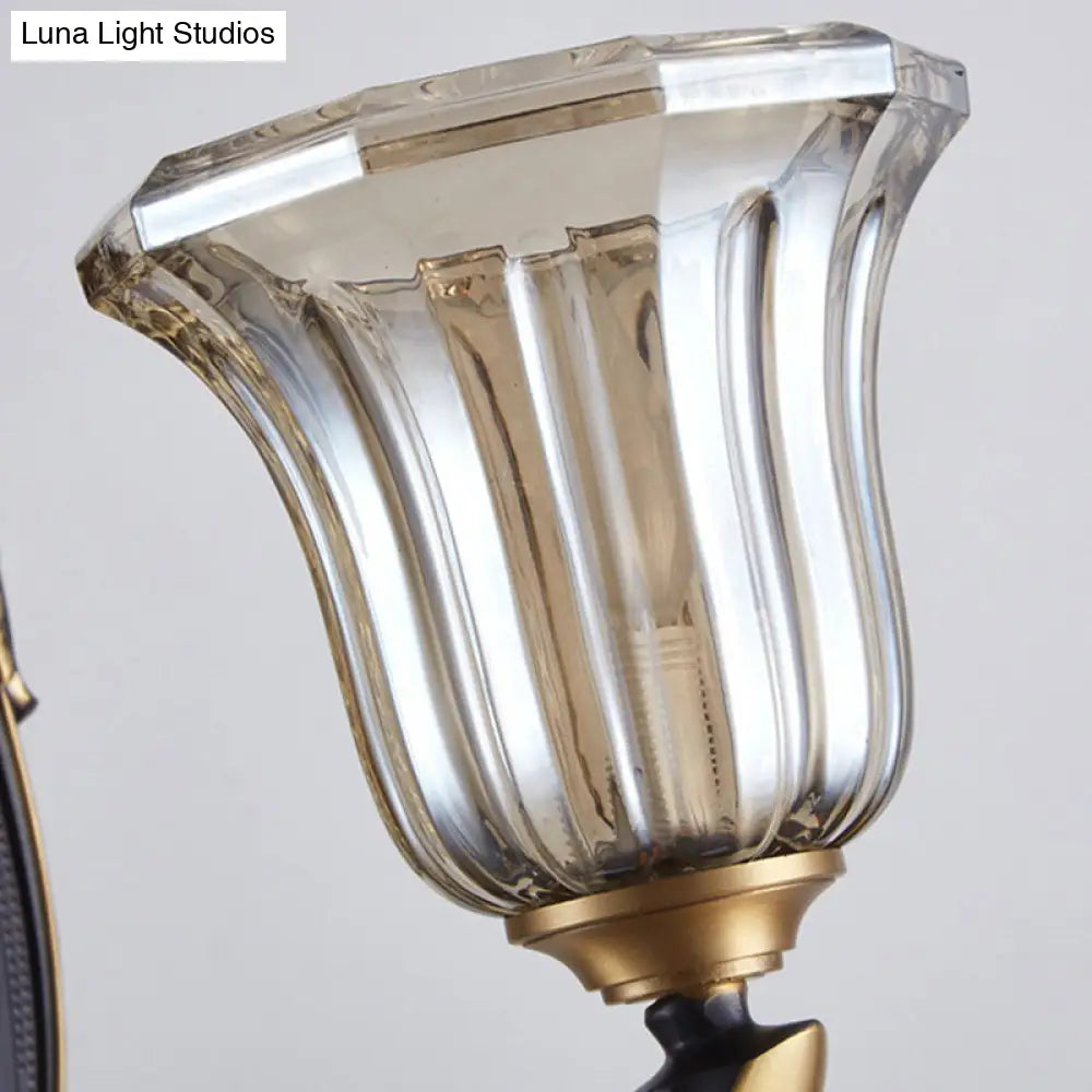 Retro Glass Wall Lamp With Curved Brass Arm - Flared Living Room Sconce Lighting (1/2 Bulbs)