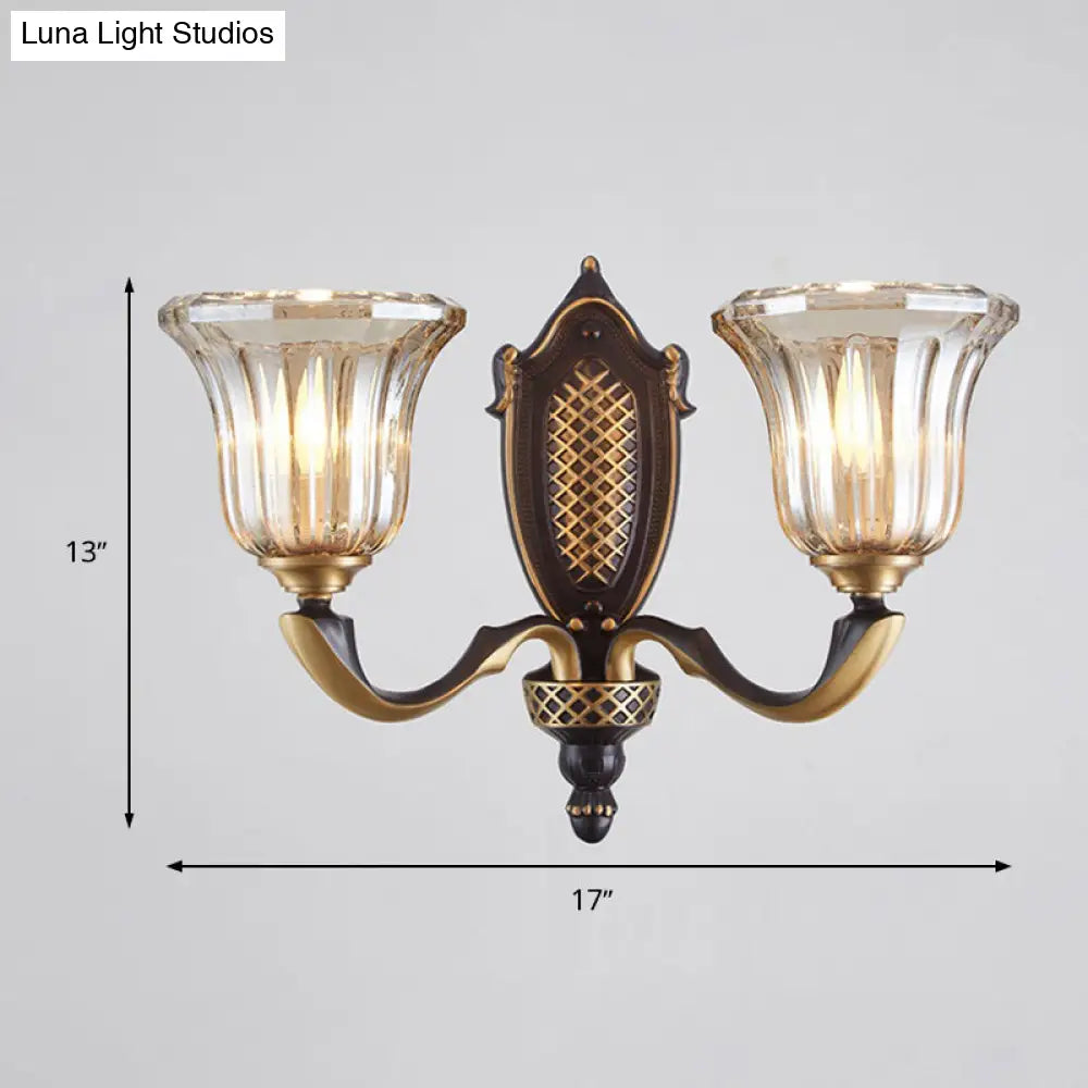 Retro Glass Wall Lamp With Curved Brass Arm - Flared Living Room Sconce Lighting (1/2 Bulbs)