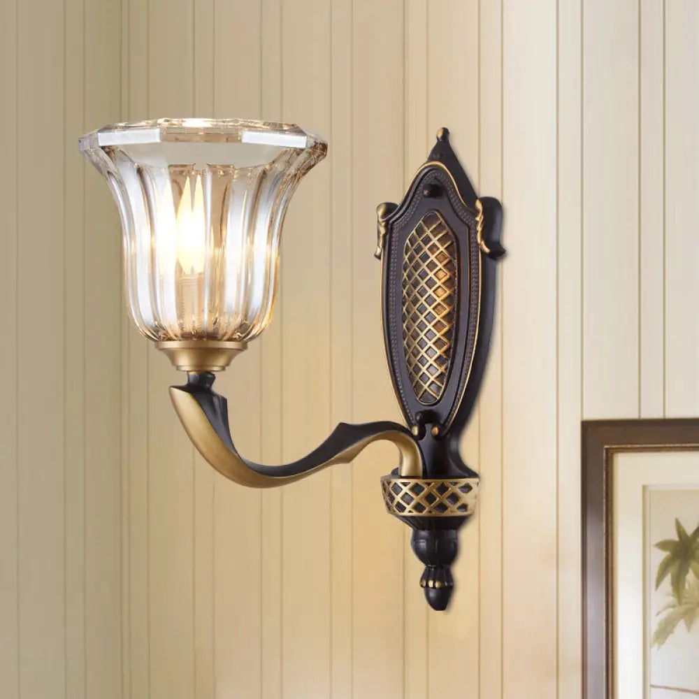 Retro Glass Wall Lamp With Curved Brass Arm - Flared Living Room Sconce Lighting (1/2 Bulbs) 1 /