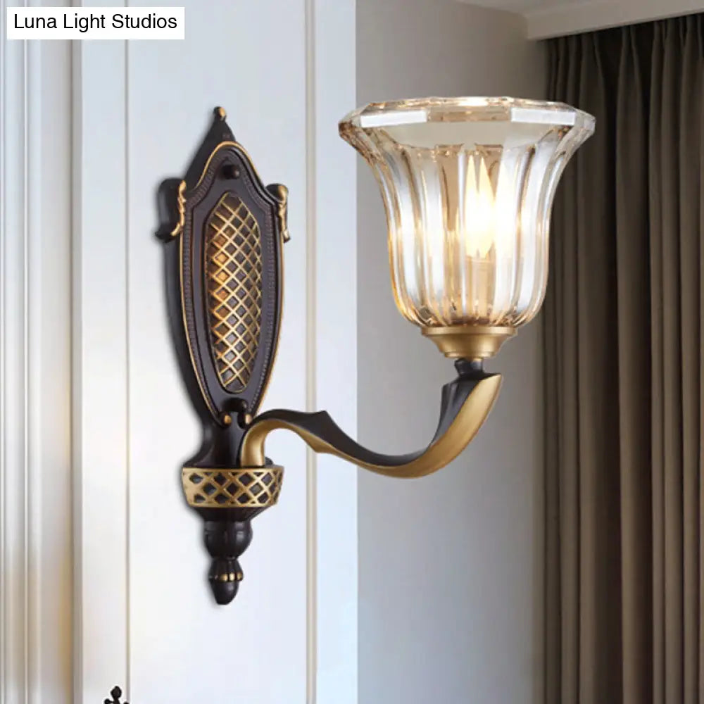 Retro Glass Wall Lamp With Curved Brass Arm - Flared Living Room Sconce Lighting (1/2 Bulbs)