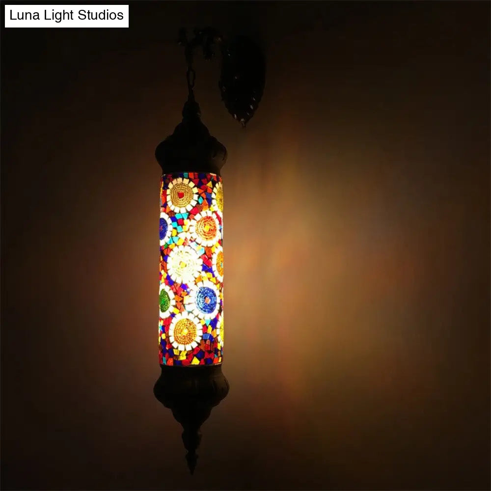 Retro Glass Wall Sconce Lamp With Metal Arm For Living Room - Red/Yellow/Blue Cylinder Bulb Fixture