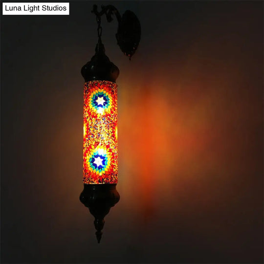 Retro Glass Wall Sconce Lamp With Metal Arm For Living Room - Red/Yellow/Blue Cylinder Bulb Fixture