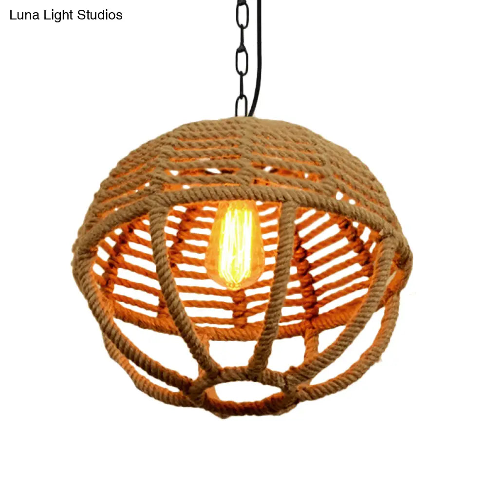 Retro Global Cage Pendant Light With Hemp Rope In Beige For Living Room