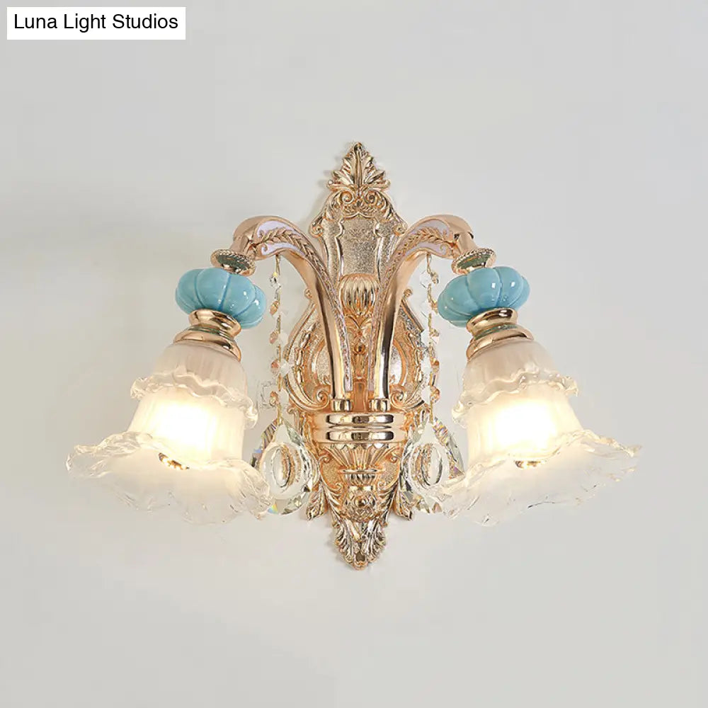 Retro Gold 1/2-Head Flower Wall Light With Opal Matte Glass - Mounted Fixture