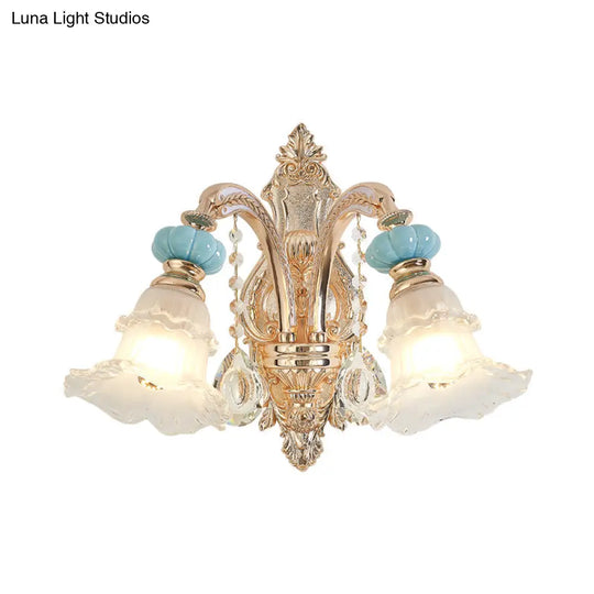 Retro Gold 1/2-Head Flower Wall Light With Opal Matte Glass - Mounted Fixture