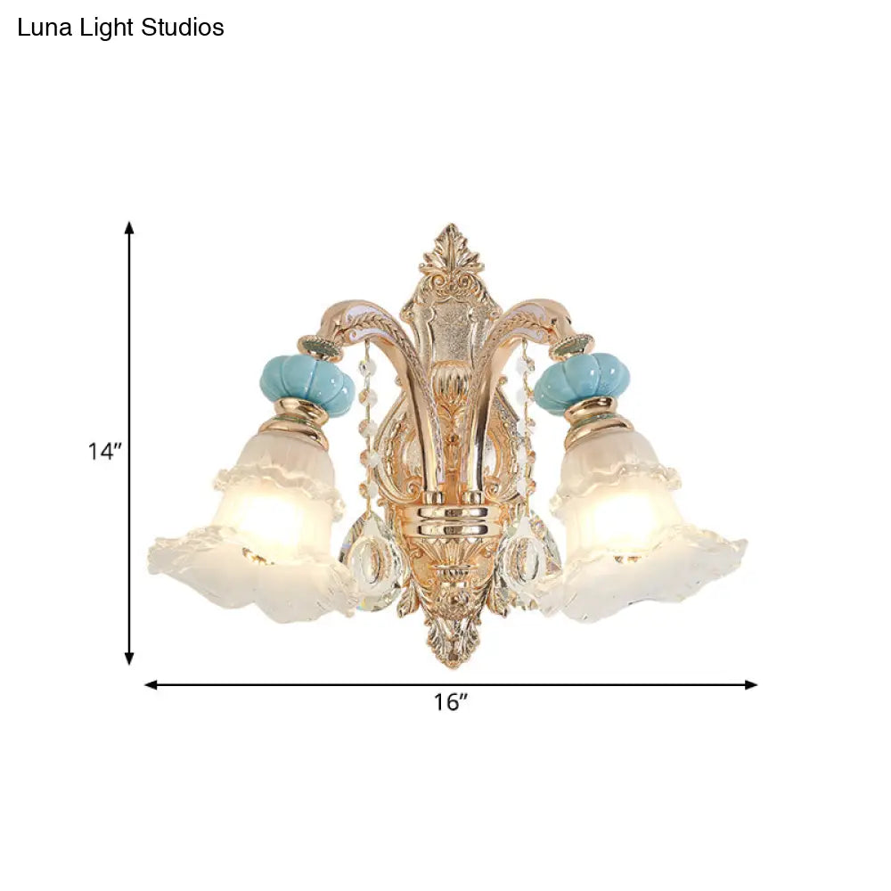 Retro Gold 1/2-Head Flower Wall Light With Opal Matte Glass - Mounted Fixture