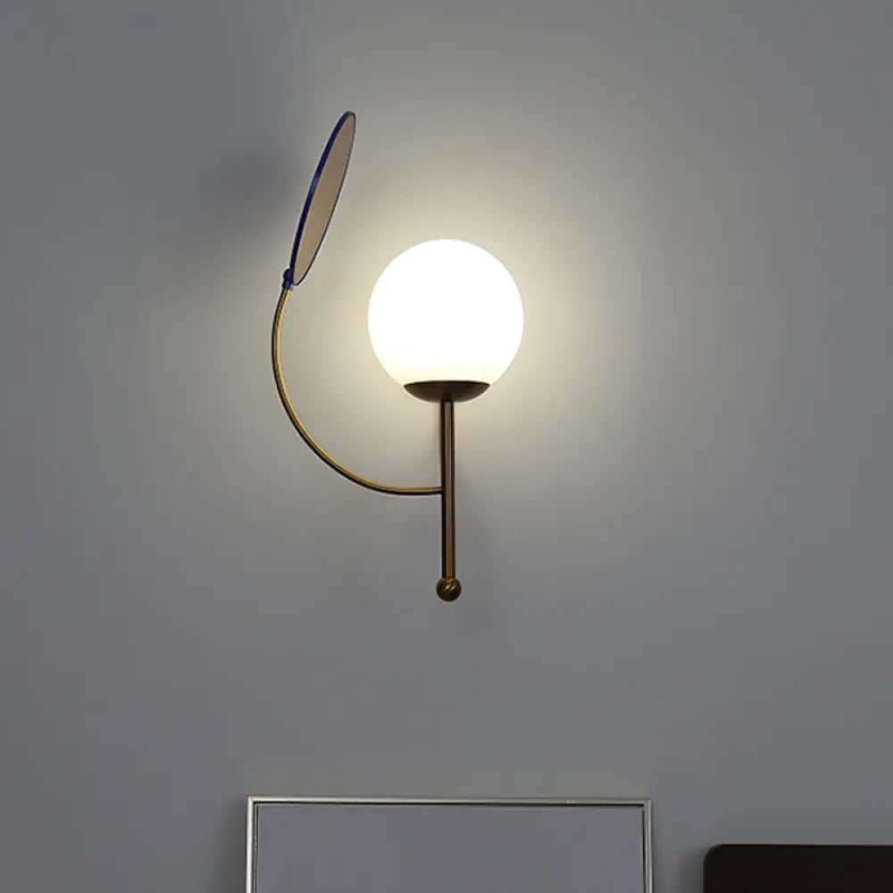 Retro Gold/Black Wall Sconce - 1 Light Matte White Glass Fixture With Reflector Gold