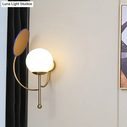 Retro Gold/Black Wall Sconce - 1 Light Matte White Glass Fixture With Reflector