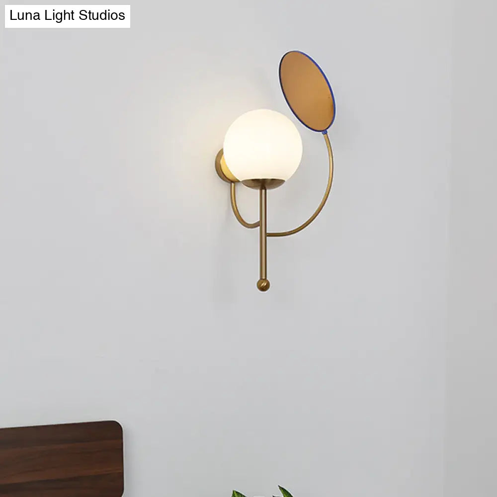 Retro Gold/Black Wall Sconce - 1 Light Matte White Glass Fixture With Reflector