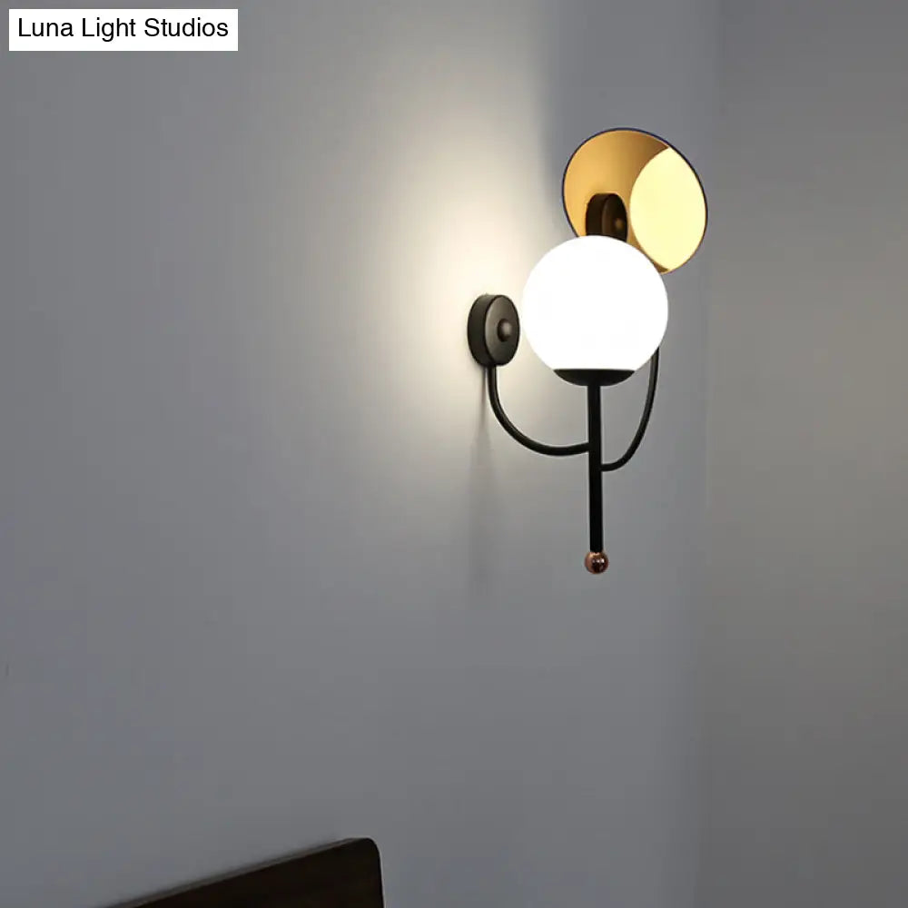 Retro Gold/Black Wall Sconce - 1 Light Matte White Glass Fixture With Reflector