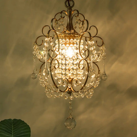 Retro Gold/Bronze Pendant Lamp With Crystal Beaded Scroll Arm - Hall Lighting Gold