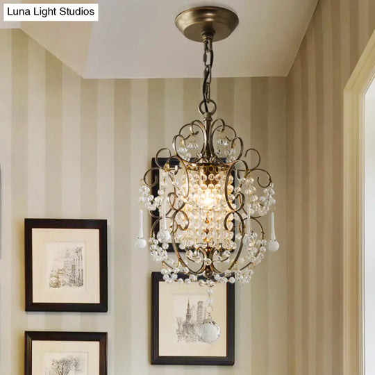 Retro Gold/Bronze Pendant Lamp With Crystal Beaded Scroll Arm - Hall Lighting