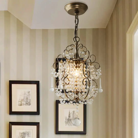 Retro Gold/Bronze Pendant Lamp With Crystal Beaded Scroll Arm - Hall Lighting Bronze