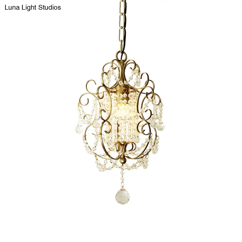 Retro Gold/Bronze Pendant Lamp With Crystal Beaded Scroll Arm - Hall Lighting