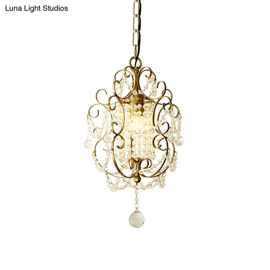 Retro Gold/Bronze Pendant Lamp With Crystal Beaded Scroll Arm - Hall Lighting