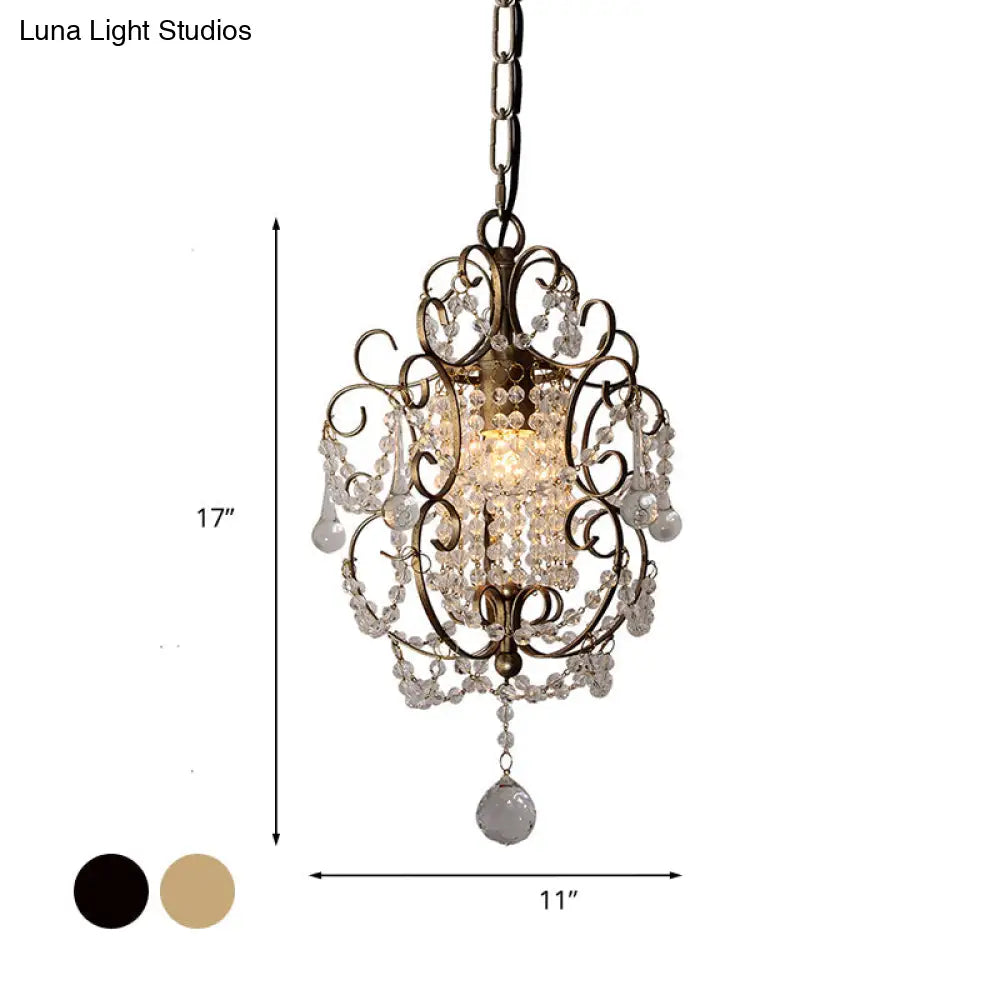 Retro Gold/Bronze Pendant Lamp With Crystal Beaded Scroll Arm - Hall Lighting