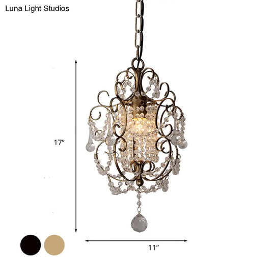 Retro Gold/Bronze Pendant Lamp With Crystal Beaded Scroll Arm - Hall Lighting