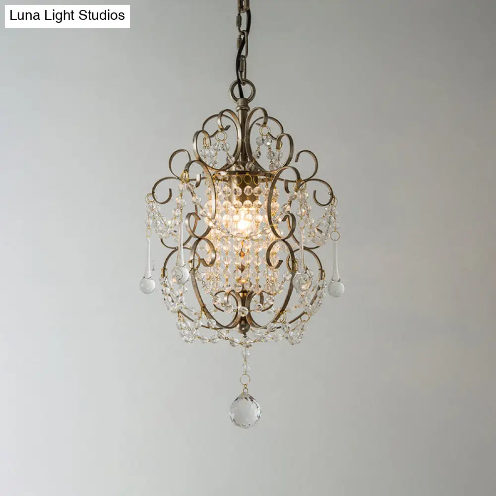 Retro Gold/Bronze Pendant Lamp With Crystal Beaded Scroll Arm - Hall Lighting