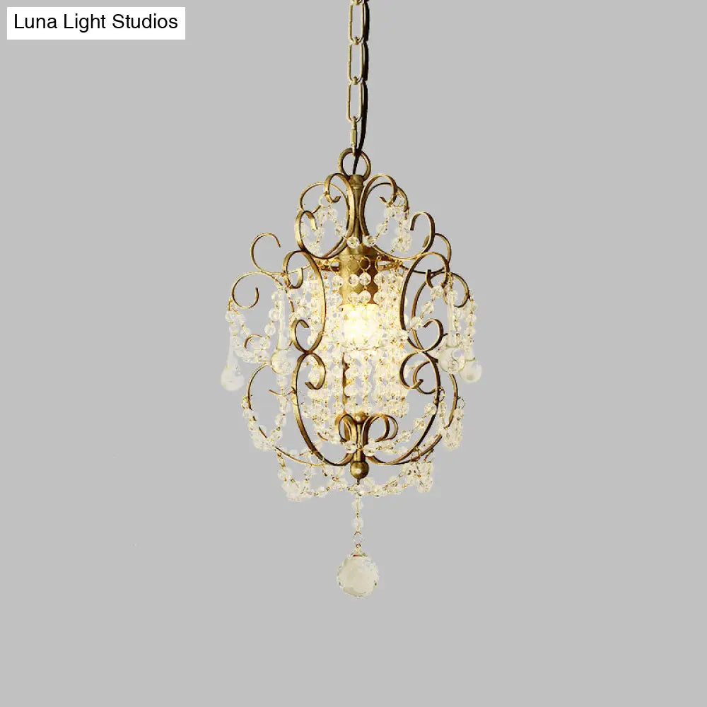 Retro Gold/Bronze Pendant Lamp With Crystal Beaded Scroll Arm - Hall Lighting