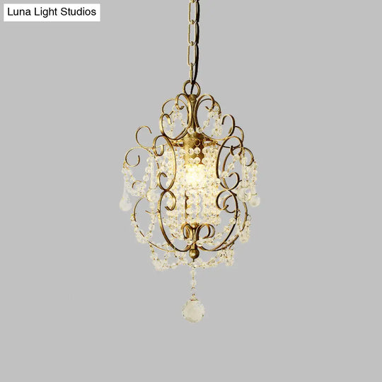 Retro Gold/Bronze Pendant Lamp With Crystal Beaded Scroll Arm - Hall Lighting