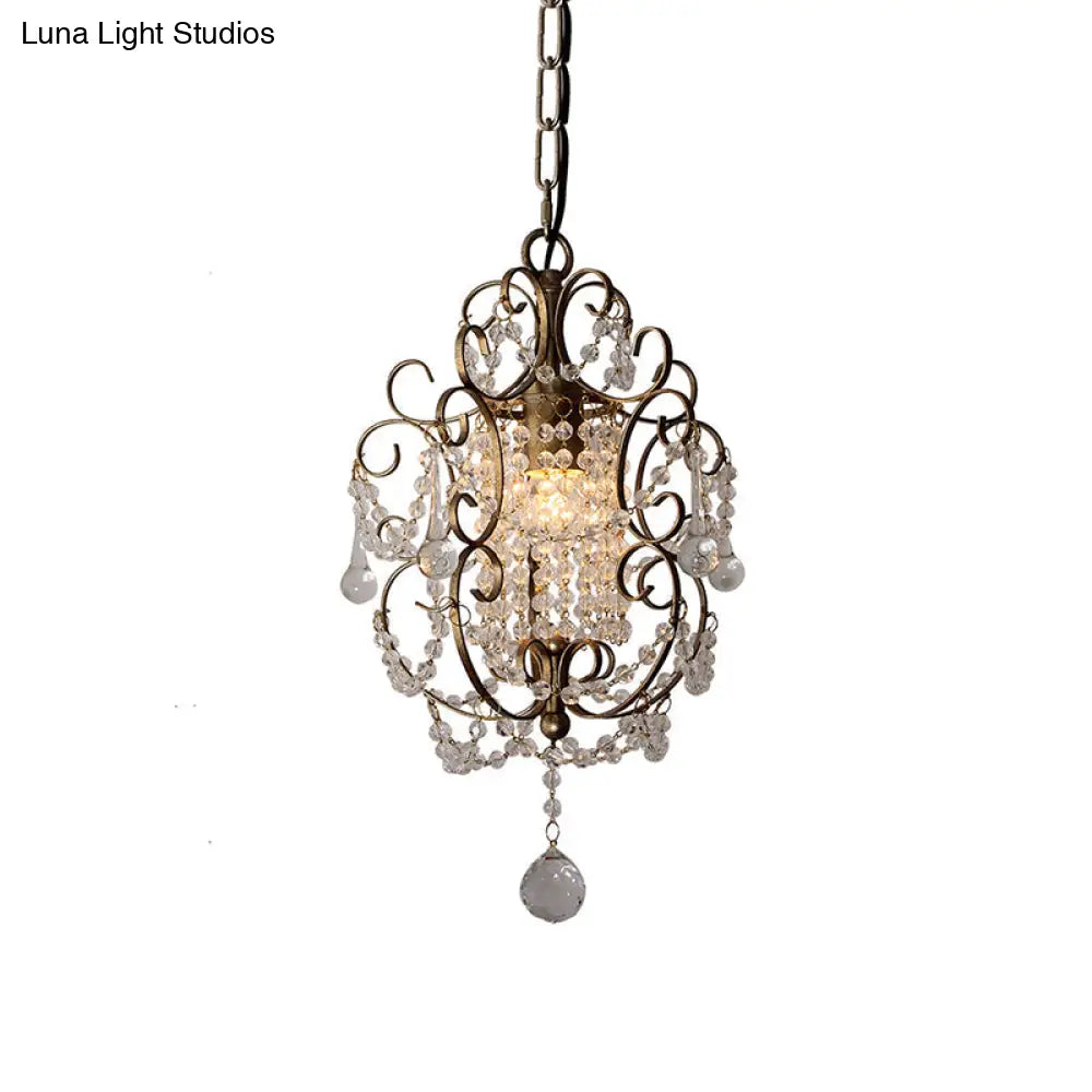 Retro Gold/Bronze Pendant Lamp With Crystal Beaded Scroll Arm - Hall Lighting