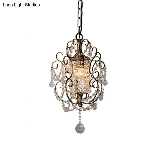 Retro Gold/Bronze Pendant Lamp With Crystal Beaded Scroll Arm - Hall Lighting