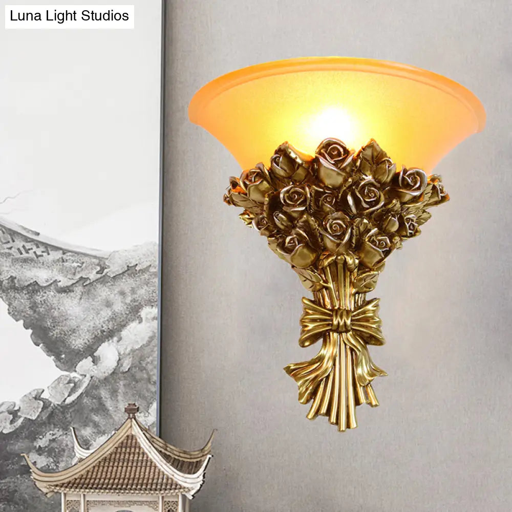 Retro Gold Finish Resin Flush Wall Sconce - Single Light Rose Bouquet Lamp Kit