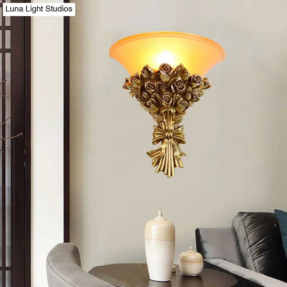 Retro Gold Finish Resin Flush Wall Sconce - Single Light Rose Bouquet Lamp Kit