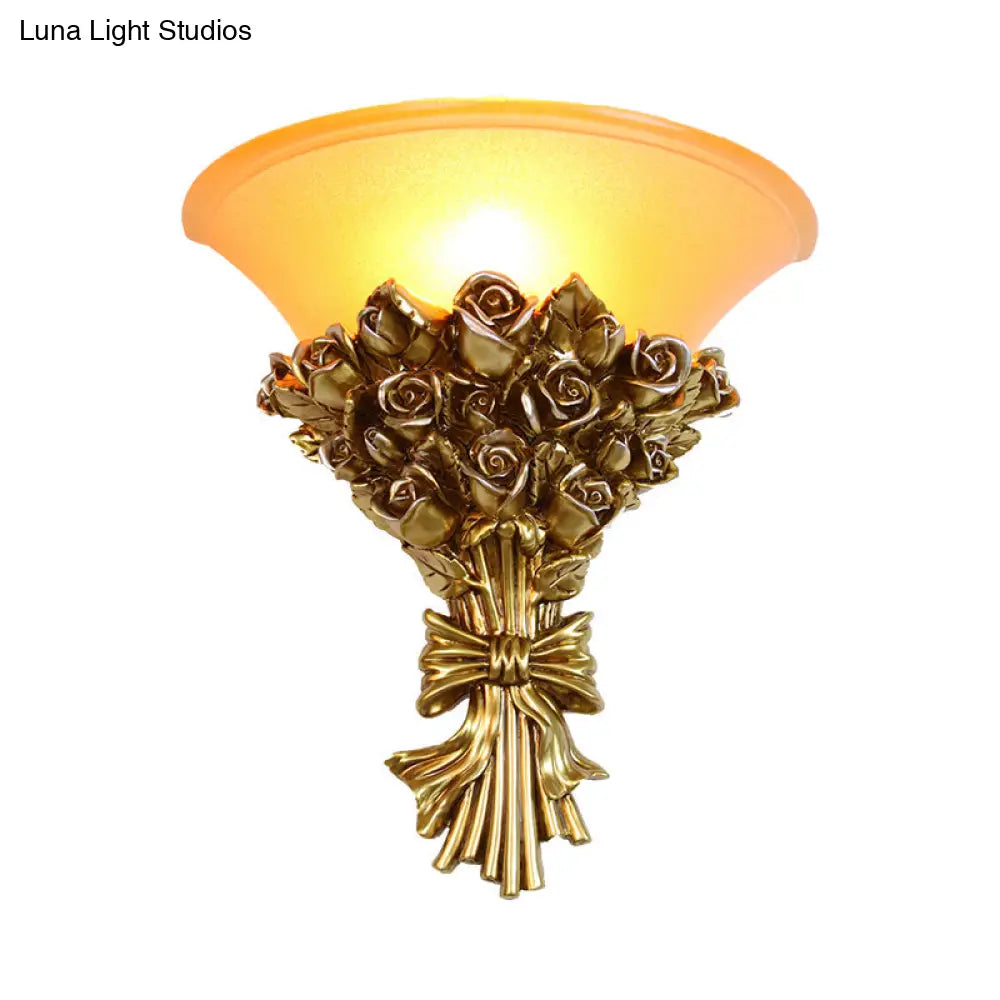 Retro Gold Finish Resin Flush Wall Sconce - Single Light Rose Bouquet Lamp Kit