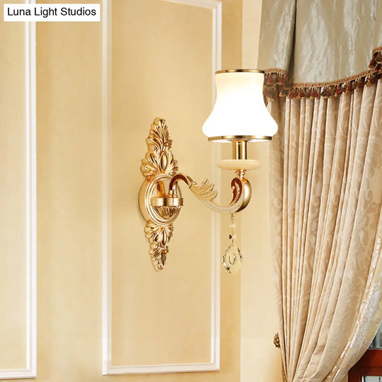 Retro Gold Flared Sconce Lamp With Crystal Droplet - Milk Glass Wall Mount Light