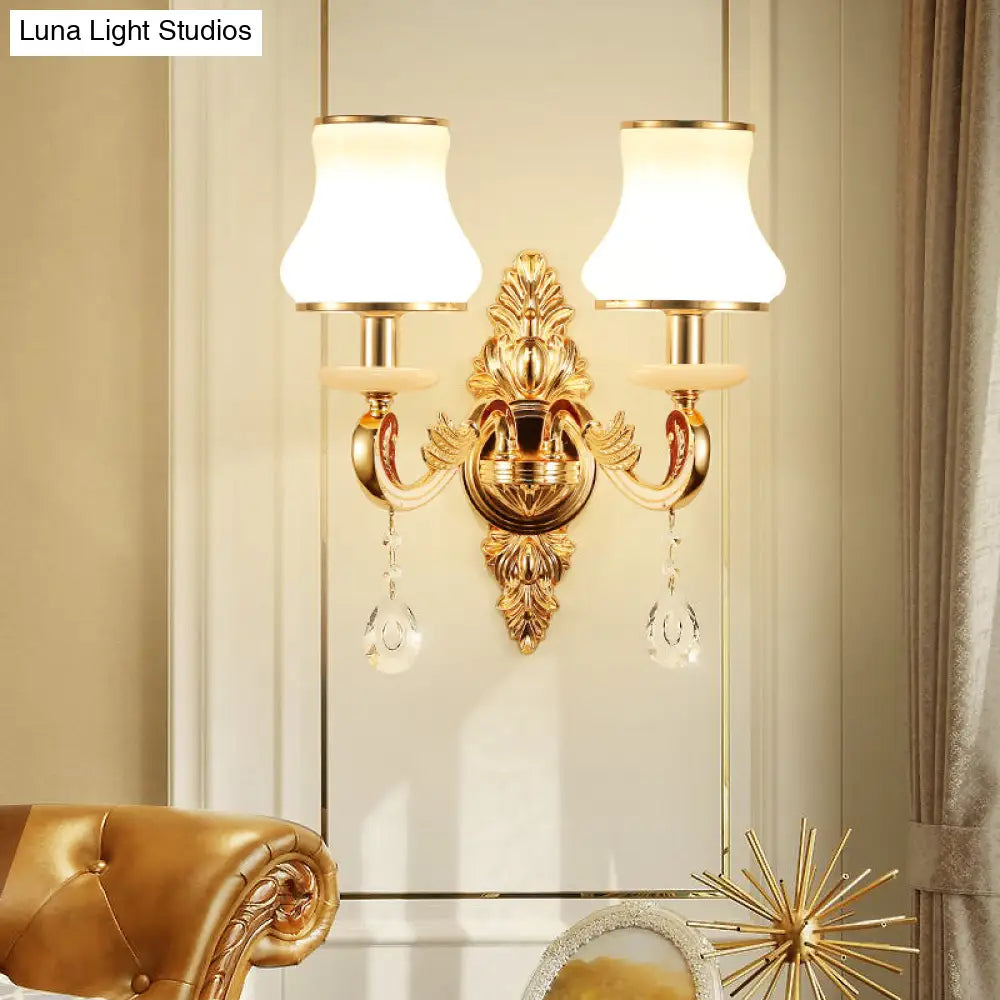 Retro Gold Flared Sconce Lamp With Crystal Droplet - Milk Glass Wall Mount Light