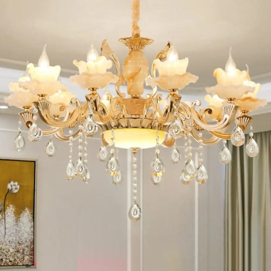 Retro Gold Floral Chandelier With Crystal Pendant Light Fixture - Elegant Glass Design For Living