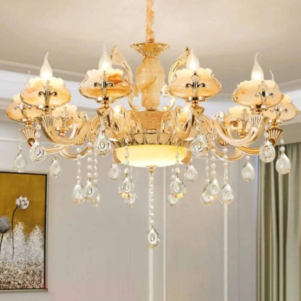 Retro Gold Floral Chandelier With Crystal Pendant Light Fixture - Elegant Glass Design For Living