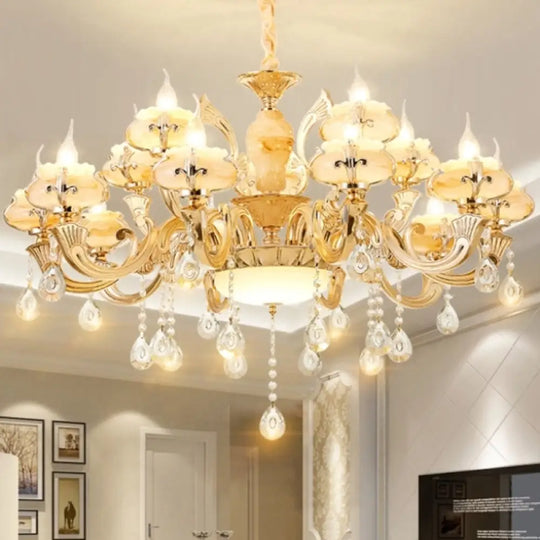 Retro Gold Floral Chandelier With Crystal Pendant Light Fixture - Elegant Glass Design For Living