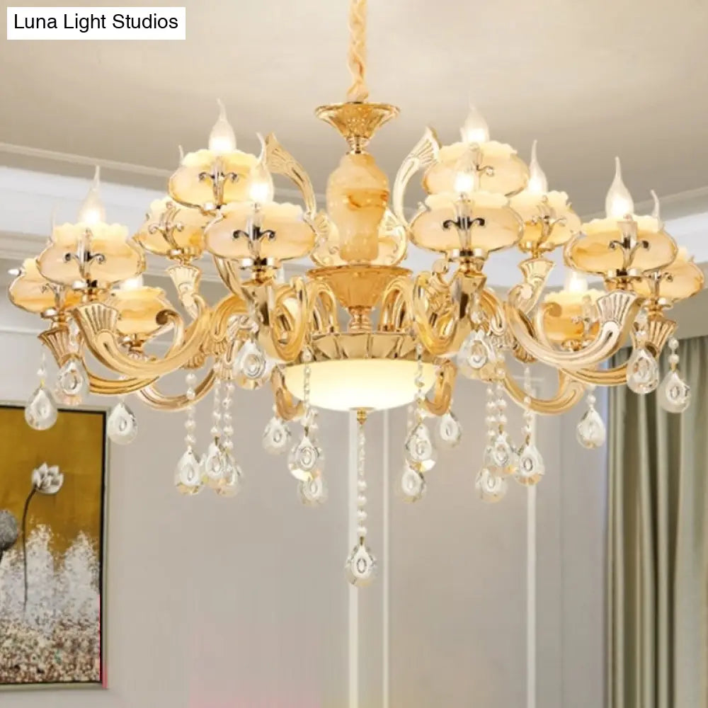 Retro Gold Floral Chandelier With Crystal Pendant Light Fixture - Elegant Glass Design For Living